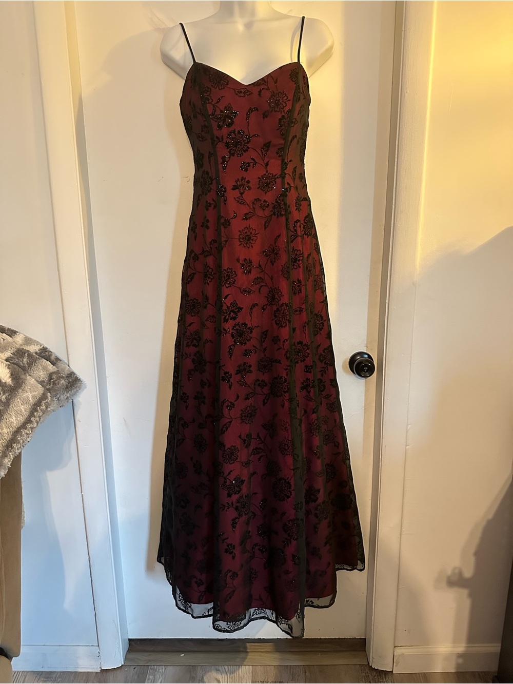 Elegant Maxi Dress with Black Floral Lace Overlay